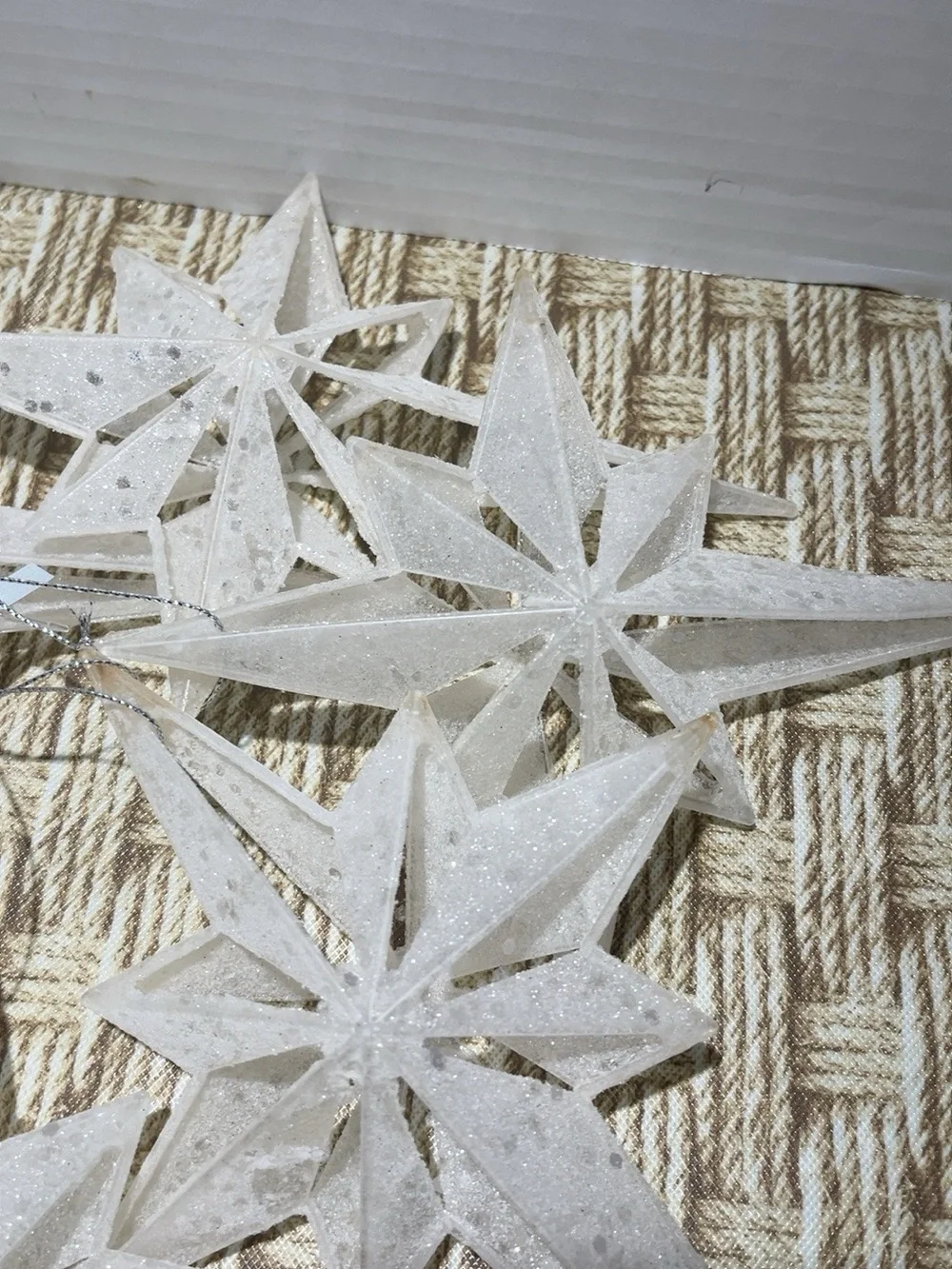 Lot of 6 Clear Acrylic Glitter Starburst Christmas Ornaments 8” Hanging Stars